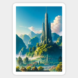 Massive Futuristic Tower Over A Green Utopia Sticker